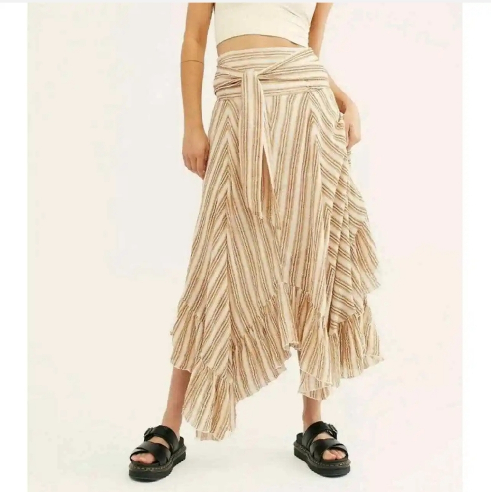 Free People Giselle One Brown Striped Chevron Maxi Skirt Boho Assymetrical